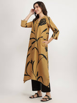 Cotton Floral Asymmetric Kurta Set - Beige & Black