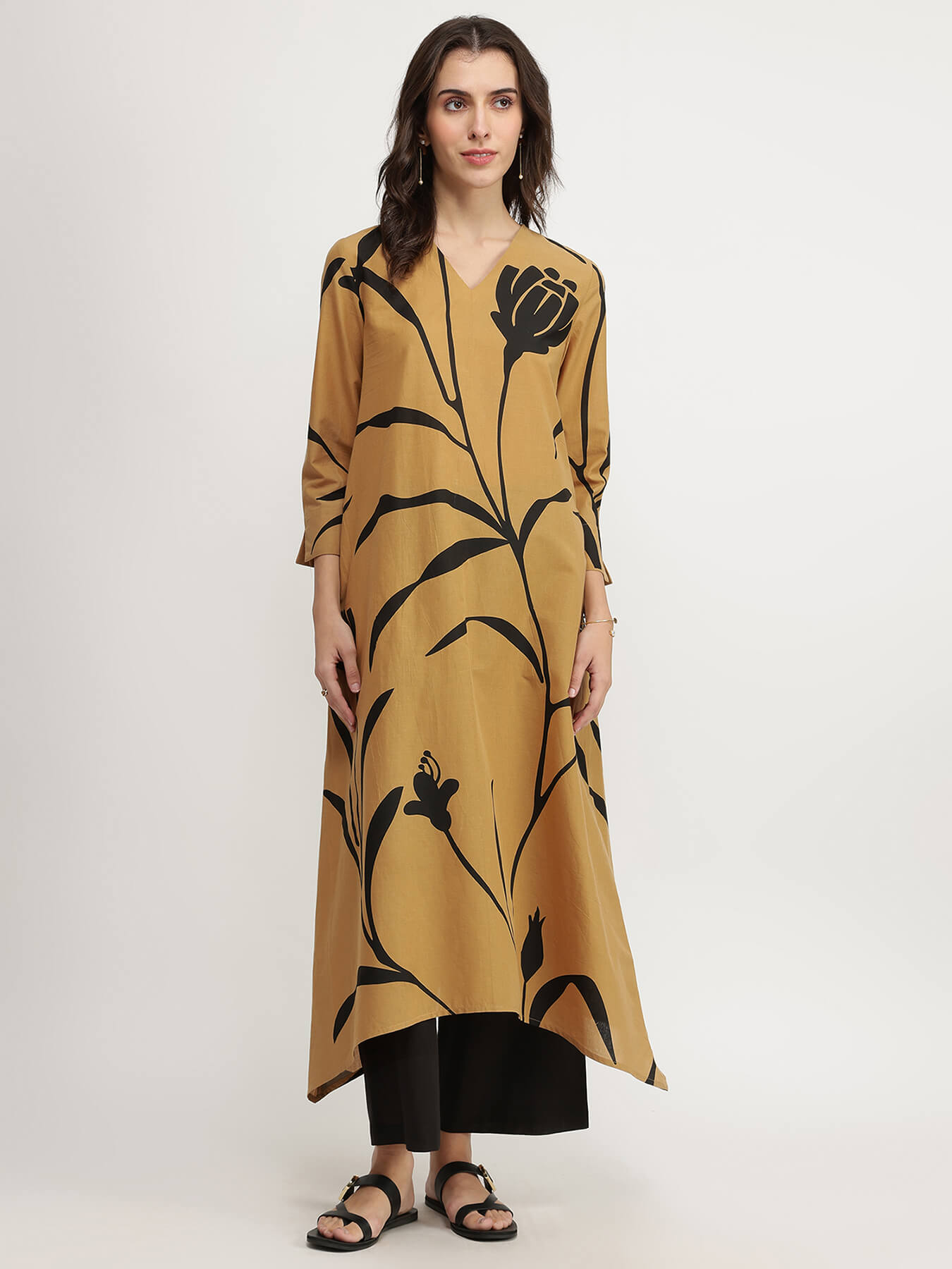 Cotton Floral Asymmetric Kurta Set - Beige & Black