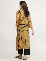 Cotton Floral Asymmetric Kurta Set - Beige & Black