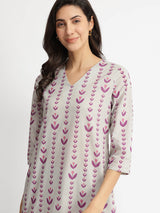 Cotton Floral Motif Kurta Set - Grey & Purple