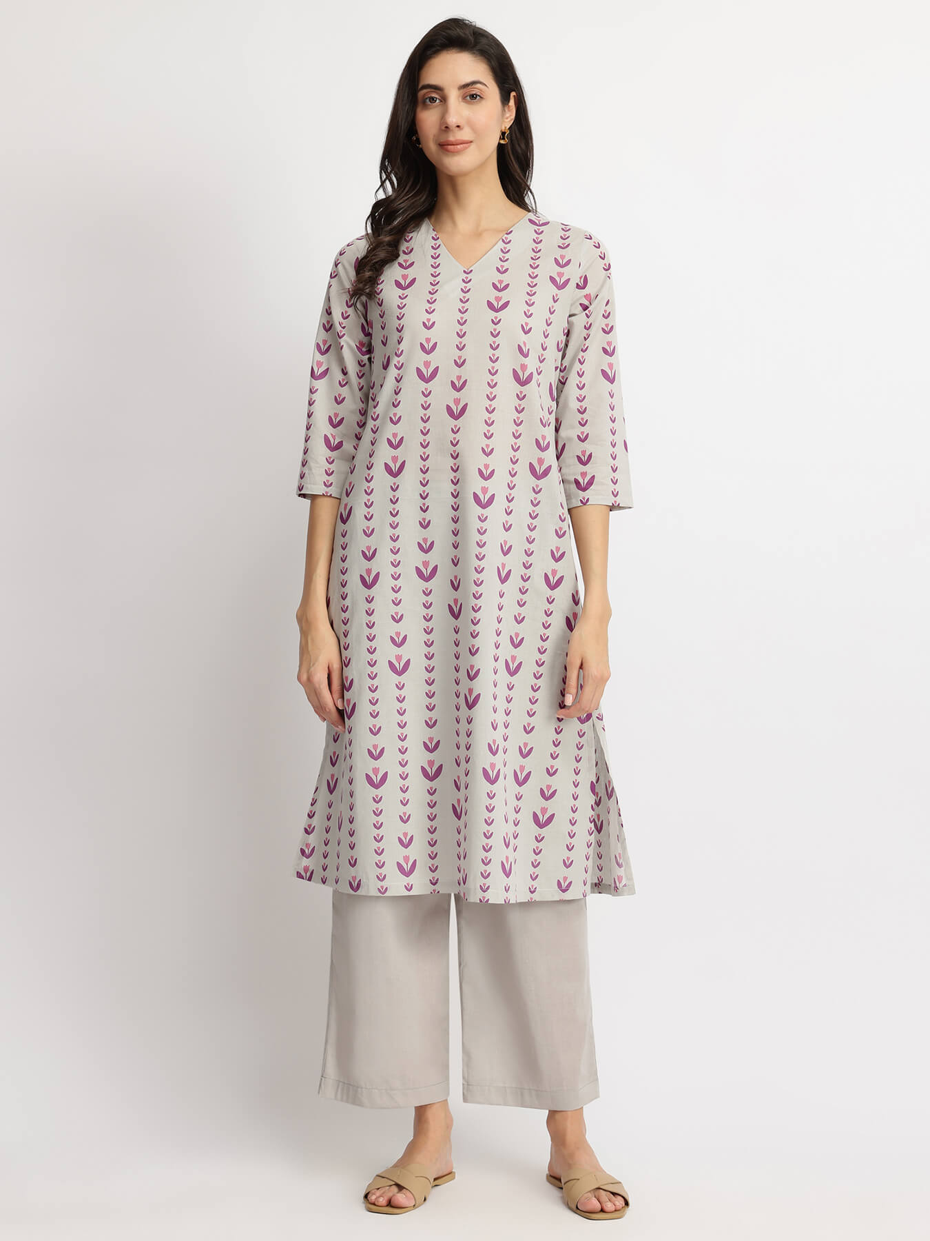 Cotton Floral Motif Kurta Set - Grey & Purple