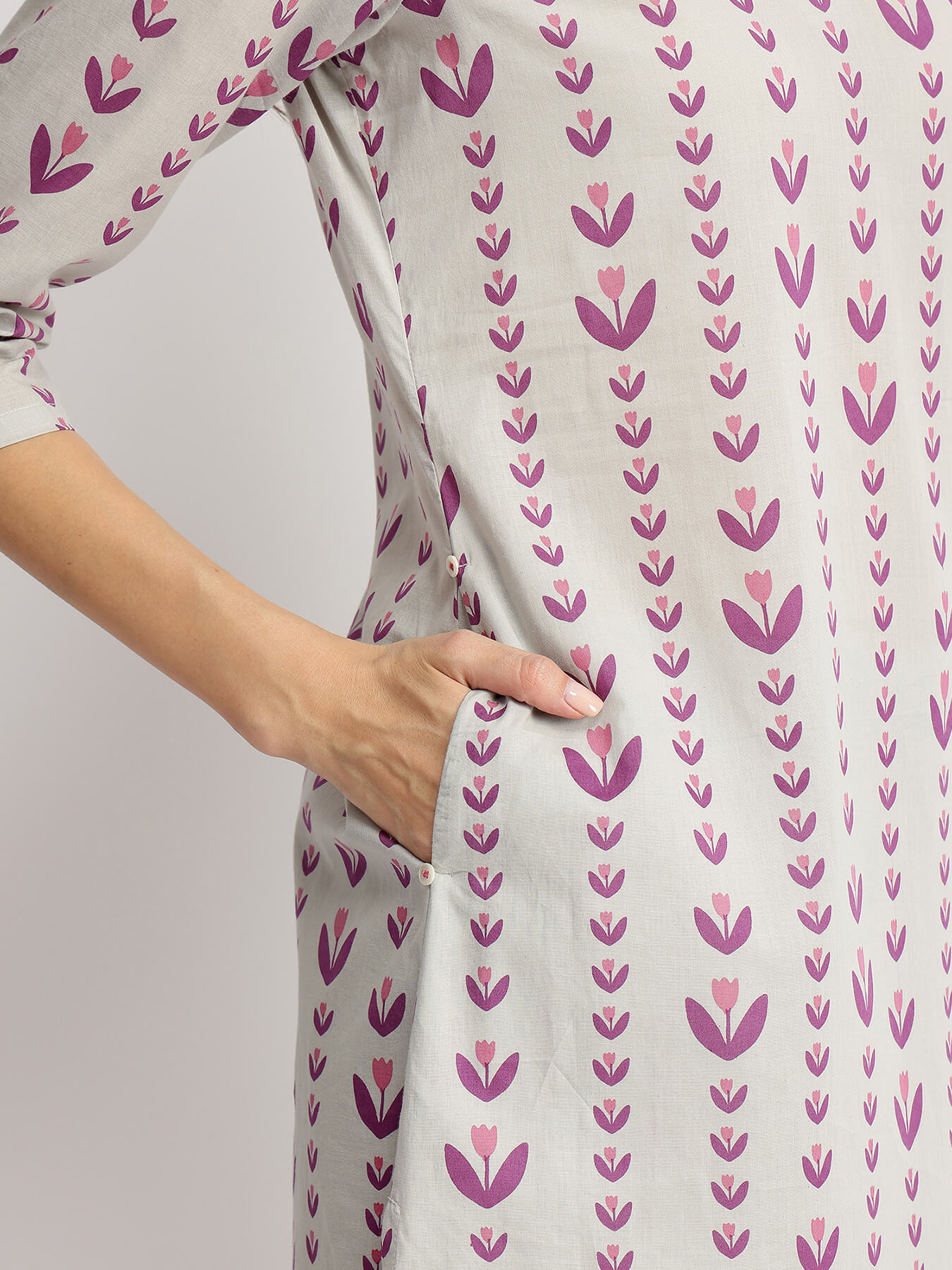 Cotton Floral Motif Kurta Set - Grey & Purple