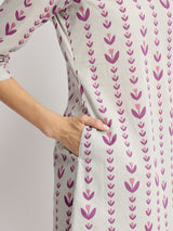 Cotton Floral Motif Kurta Set - Grey & Purple