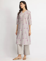 Cotton Floral Motif Kurta Set - Grey & Purple