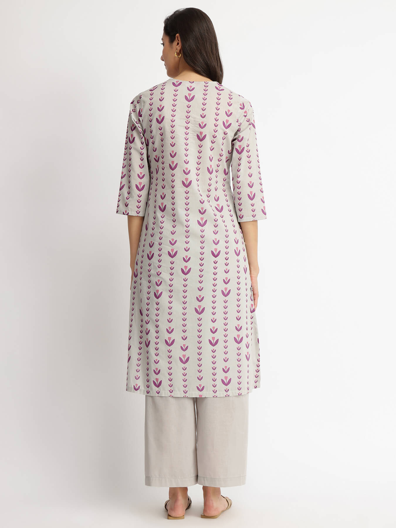 Cotton Floral Motif Kurta Set - Grey & Purple