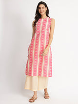Cotton Floral Motif Kurta Set - Pink & Off-White