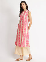 Cotton Floral Motif Kurta Set - Pink & Off-White
