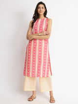 Cotton Floral Motif Kurta Set - Pink & Off-White