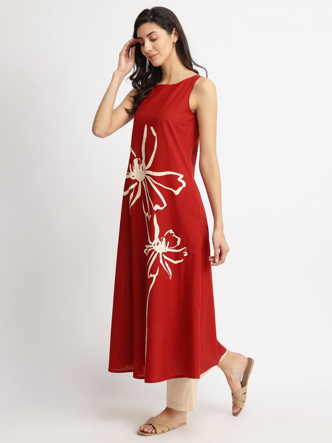 Cotton Floral Placement Print Kurta Set - Rust & Off-white