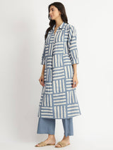 Cotton Dabu Stripe Play Kurta Set - Grey