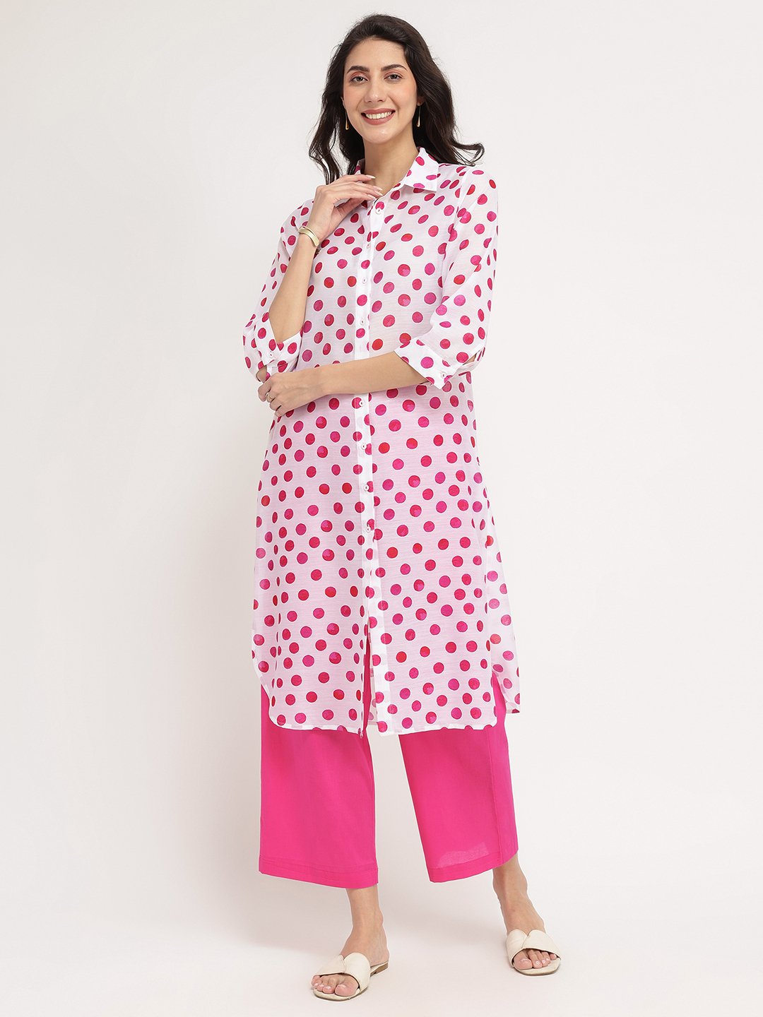 Chanderi Polka Print Kurta Set - White & Pink