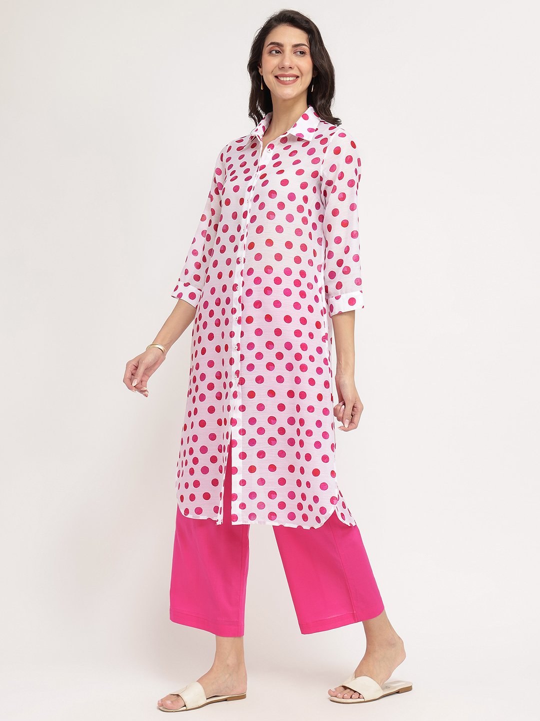 Chanderi Polka Print Kurta Set - White & Pink