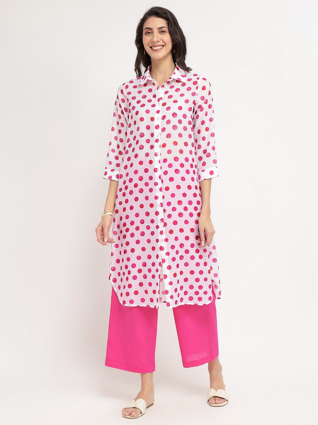 Chanderi Polka Print Kurta Set - White & Pink