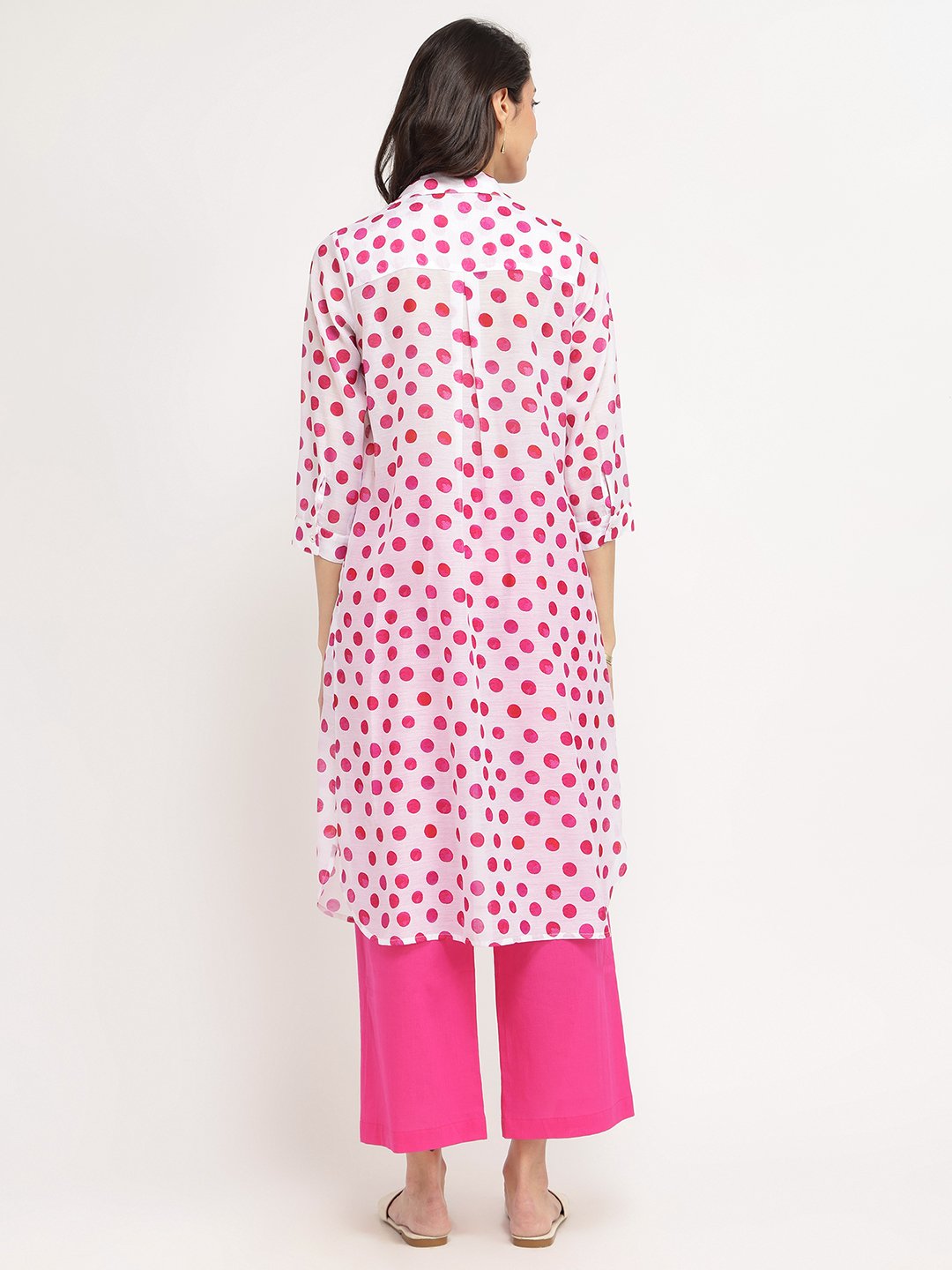 Chanderi Polka Print Kurta Set - White & Pink