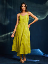 Sleeveless Gold Striped Lurex A-line Kurta Set - Lime