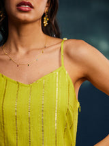 Sleeveless Gold Striped Lurex A-line Kurta Set - Lime