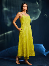 Sleeveless Gold Striped Lurex A-line Kurta Set - Lime