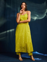 Sleeveless Gold Striped Lurex A-line Kurta Set - Lime