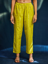 Sleeveless Gold Striped Lurex A-line Kurta Set - Lime