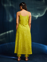 Sleeveless Gold Striped Lurex A-line Kurta Set - Lime