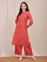 Cotton Dabu Geometric Print Kurta Set - Red