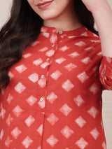 Cotton Dabu Geometric Print Kurta Set - Red