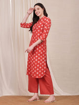 Cotton Dabu Geometric Print Kurta Set - Red