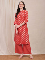 Cotton Dabu Geometric Print Kurta Set - Red