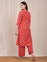 Cotton Dabu Geometric Print Kurta Set - Red