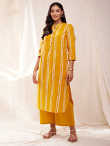 Cotton Dabu Handblock Striped Kurta Set - Yellow