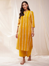 Cotton Dabu Handblock Striped Kurta Set - Yellow