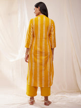 Cotton Dabu Handblock Striped Kurta Set - Yellow