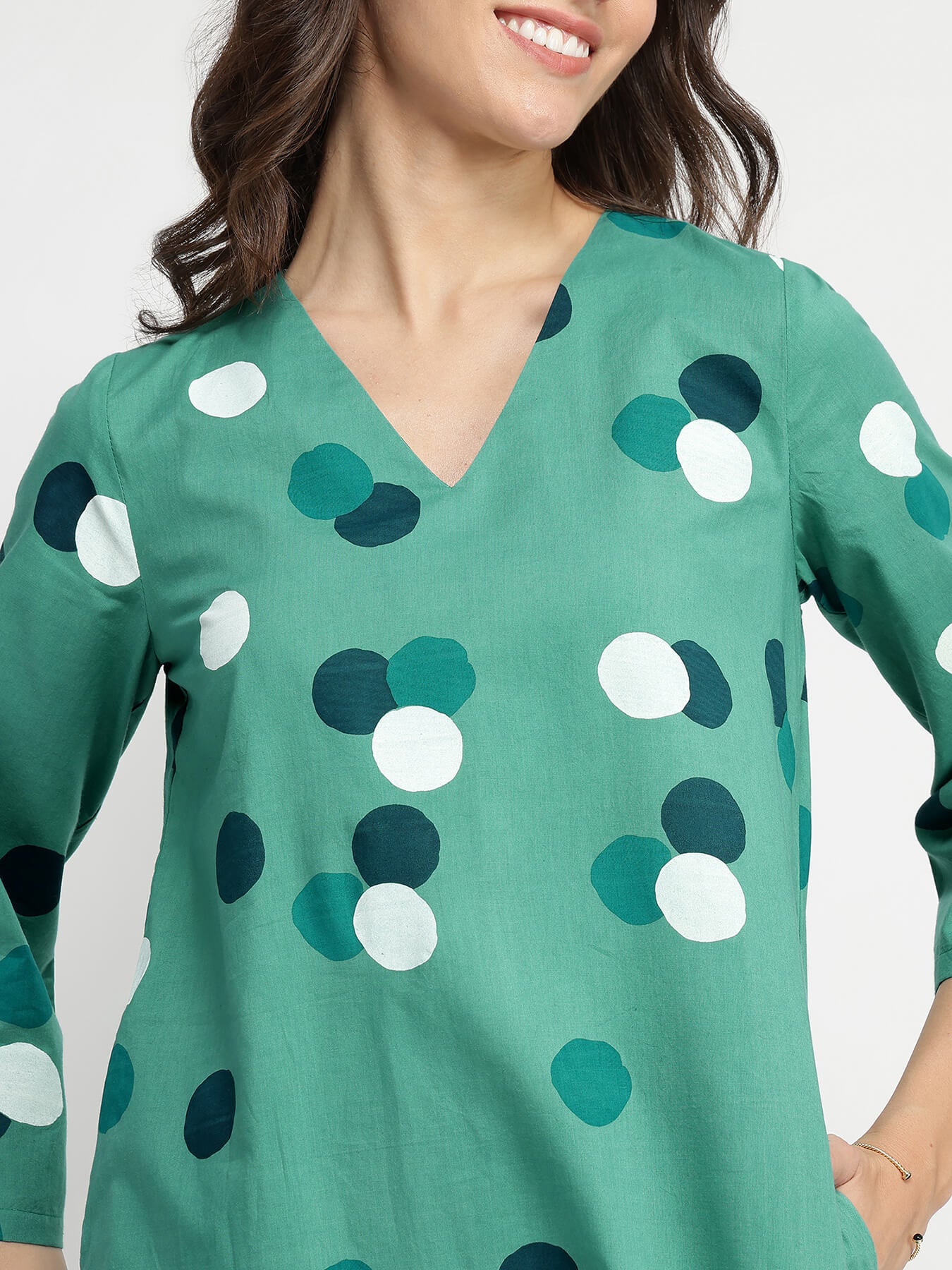 Cotton Polka Print A-Line Kurta Set - Teal