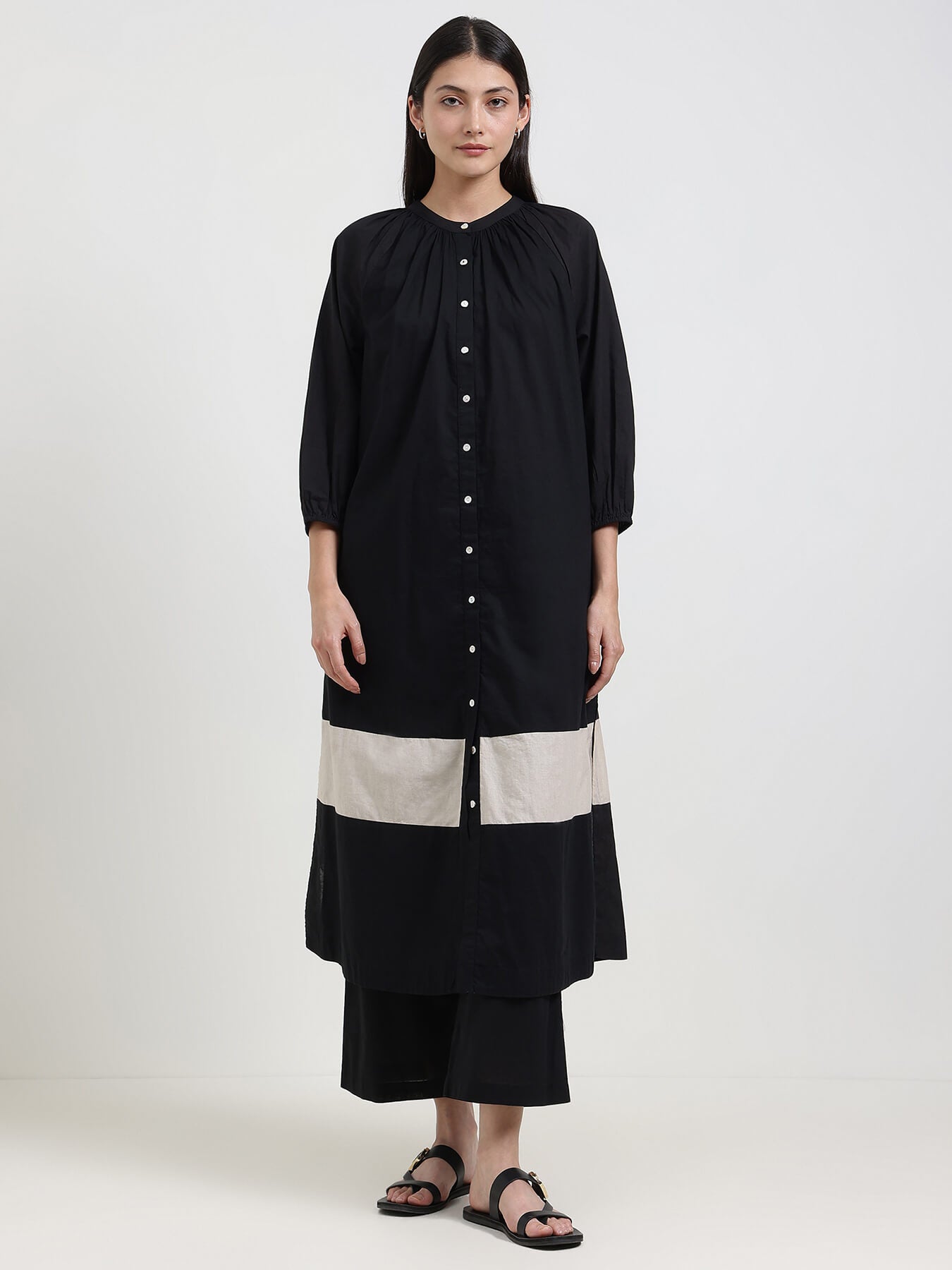 Cotton Colourblock Buttoned Kurta Set - Black & Off-White