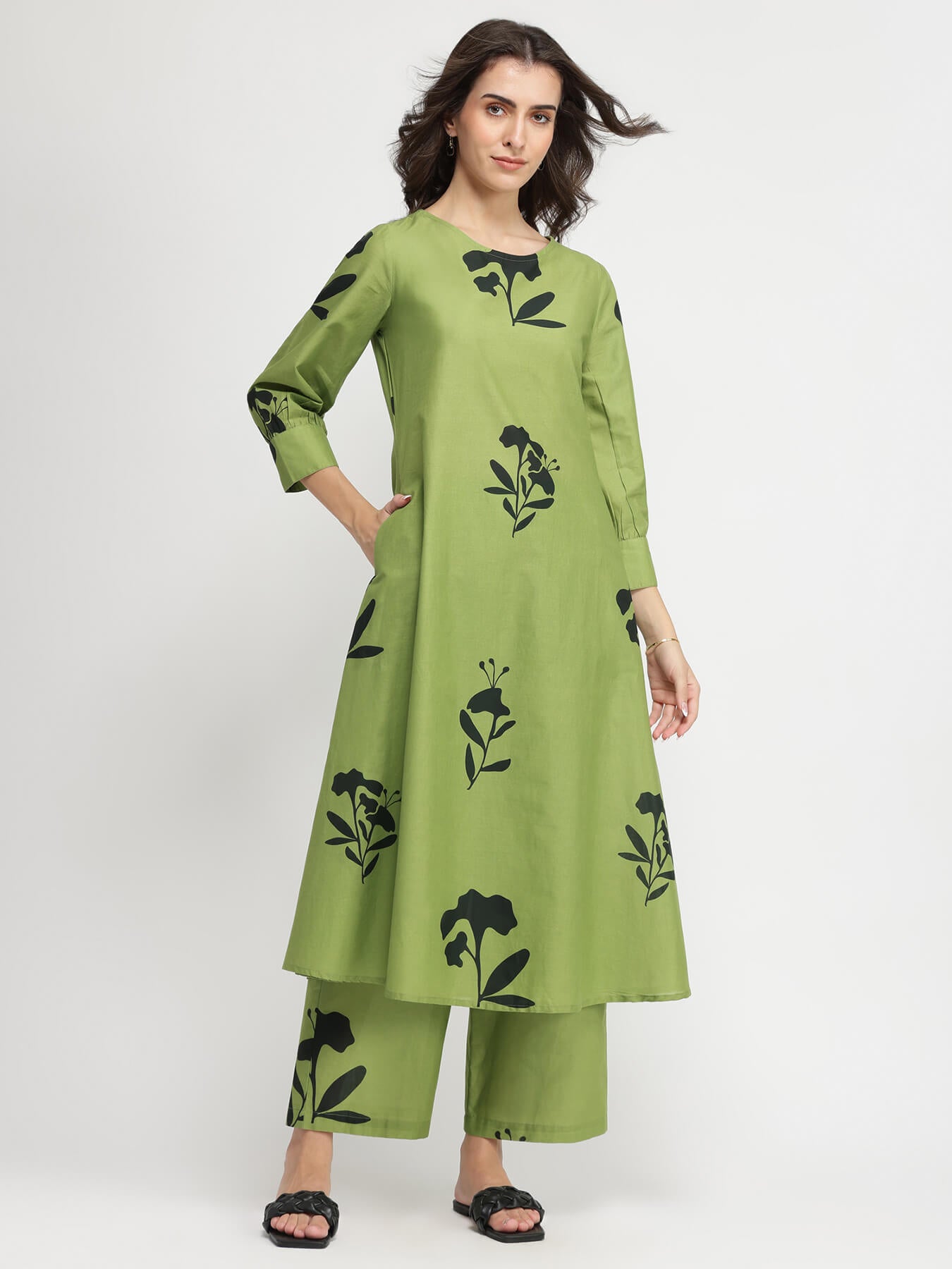 Cotton Floral A-Line Kurta Set - Green
