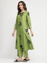 Cotton Floral A-Line Kurta Set - Green