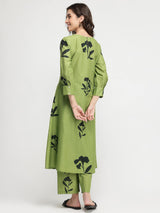 Cotton Floral A-Line Kurta Set - Green