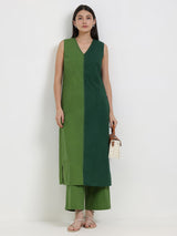 Cotton Colourblock Sleeveless Kurta Set - Green