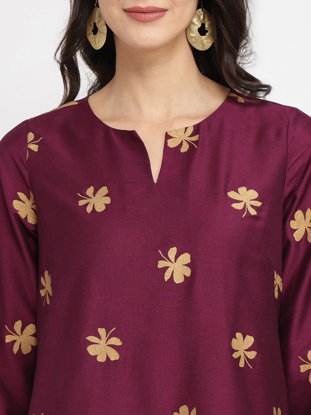 Silk Blend Floral Kurta Set - Maroon & Gold