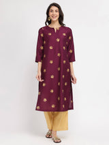 Silk Blend Floral Kurta Set - Maroon & Gold