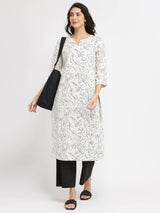 Rayon Floral Kurta Set - White & Black