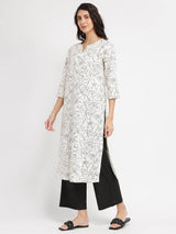Rayon Floral Kurta Set - White & Black