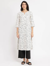 Rayon Floral Kurta Set - White & Black
