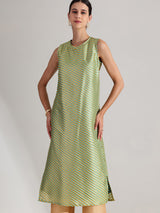 Brocade Striped Sleeveless Kurta Set - Green & Gold