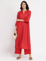 Cotton Jacquard Striped Kurta Set - Red