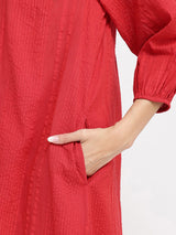 Cotton Jacquard Striped Kurta Set - Red