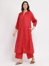Cotton Jacquard Striped Kurta Set - Red