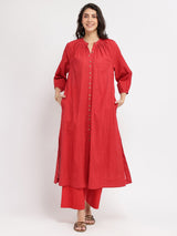 Cotton Jacquard Striped Kurta Set - Red