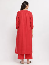Cotton Jacquard Striped Kurta Set - Red