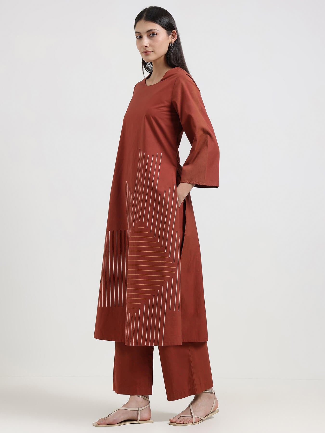 Cotton Geometric Print Kurta Set - Rust